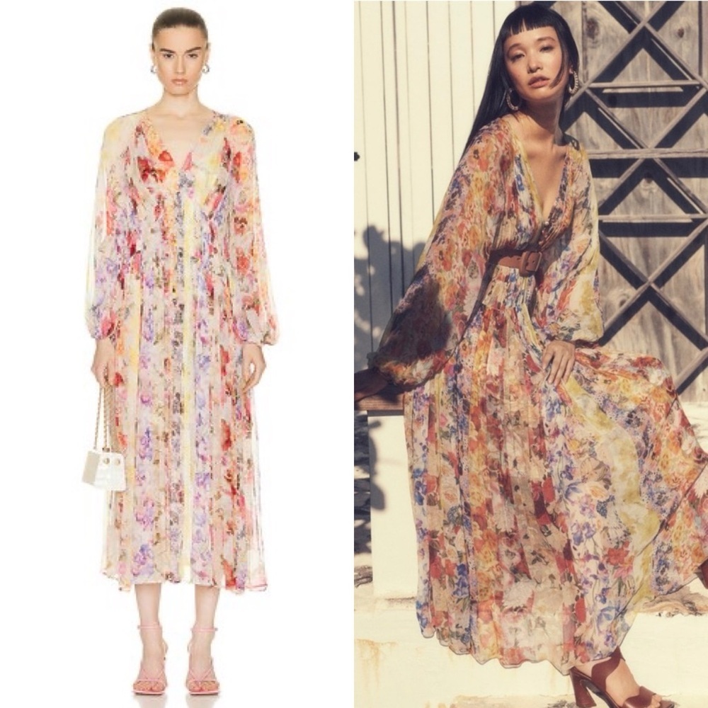 ZIMMERMANN Wonderland Button Midi Dress in Stripe Floral Sz 0P/ US 2P